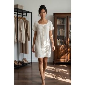 Naïf Womens Cream Button Front Square Neck Flutter Sleeve Mini Shift Dress M